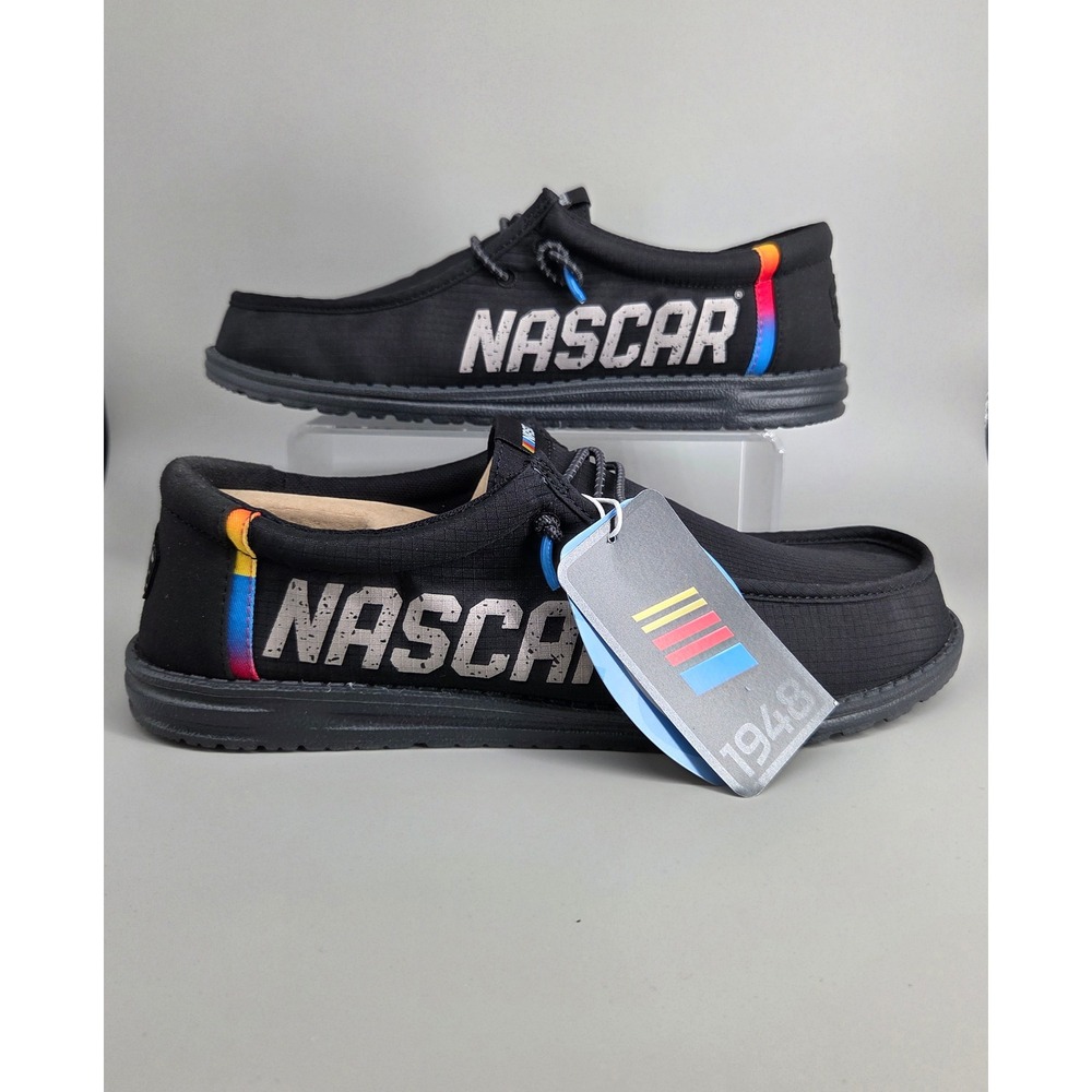 Hey Dude Wally NASCAR‎ Shoes Mens Size 12 Black Ripstop Slip On Loafers NWT